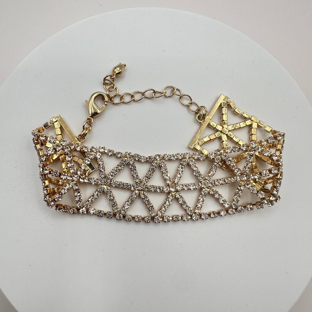 Vintage 90s Gold Tone Geometric Clear Rhinestone Bracelet Women's Jewelry